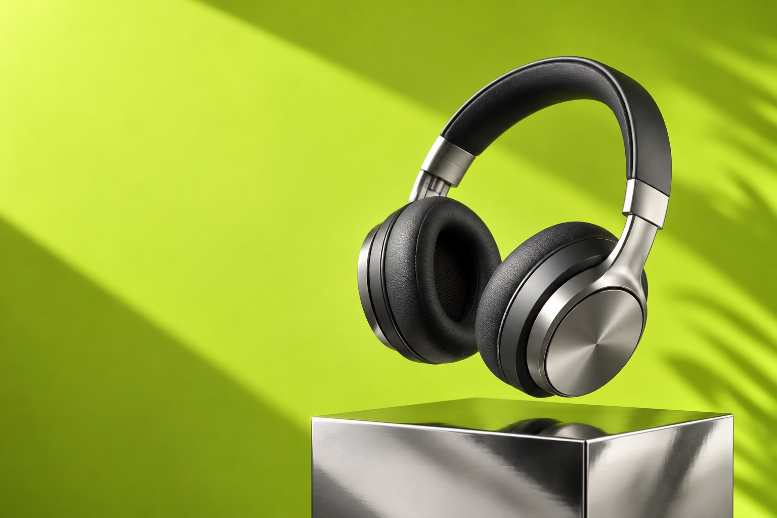 Original studio concept: graphite and aluminum headphones above a chrome plinth against an acid-lime background