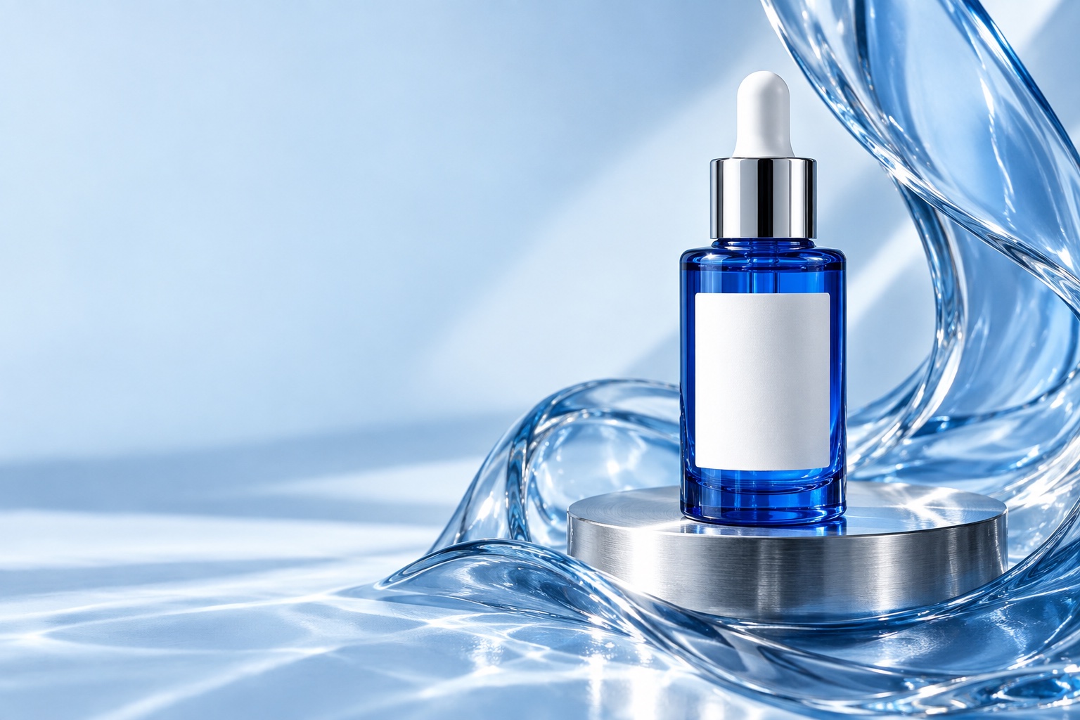 Original studio concept: a cobalt glass serum bottle on a silver pedestal, framed by translucent blue ribbons